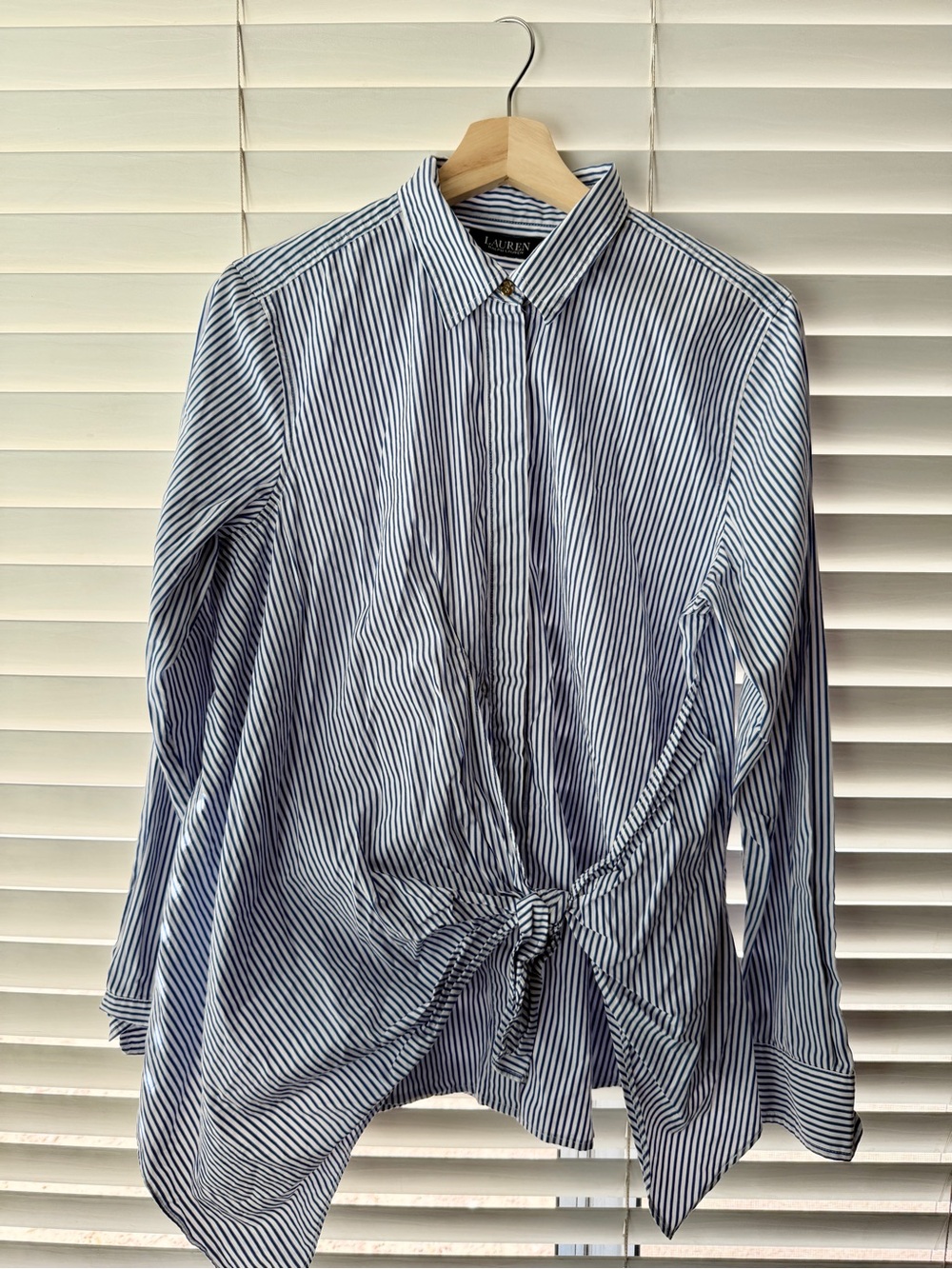 Ralph Lauren Blue & White Striped Tie-Front Button-Down Shirt